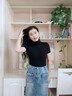 山朵棉半高領(lǐng)純棉短袖t恤女夏黑色打底衫2025新款百搭修身顯瘦正肩上衣 黑色 S 曬單實(shí)拍圖