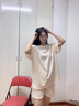 LPOX運(yùn)動套裝女夏季新款韓版休閑款學(xué)院風(fēng)寬松百搭短褲運(yùn)動兩件套 杏色套裝 XL 曬單實(shí)拍圖