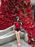 爾山集一字肩花朵性感短袖T恤女夏季緊身褶皺辣妹純欲露肩修身上衣 【紅色】L（105-115斤） 曬單實拍圖