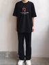 SPAO韓國同款男士休閑直筒褲春秋新款藍帽子小熊重磅衛褲SPWK25SK08LD 黑#SP藍帽子熊-貼布繡 L 曬單實(shí)拍圖