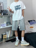 牛仔短褲男夏季薄款潮牌直筒寬松休閑短褲男日系復(fù)古工裝五分褲男 藍(lán)色 3XL 曬單實拍圖