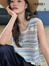 闊色（kuose）多巴胺條紋立體花朵上衣女2025夏季新款藍色蕾絲花邊吊帶背心 藍色 L 曬單實拍圖