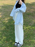 妍莉芬（yanlifen）休閑褲女夏季女裝2025茶系穿搭衣服一整套炸街時尚三件套裝褲子 藍(lán)色襯衫+米白休閑褲 XL 【120-135斤】 曬單實(shí)拍圖