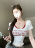 吊帶假兩件帶胸墊潮流短袖t恤女夏季設計感修身顯瘦正肩短款上衣 白色【假兩件帶胸墊】 M 曬單實(shí)拍圖