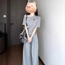 JIOESC韓系高級感休閑運動(dòng)套裝女夏季收腰顯瘦露肩短袖上衣闊腿褲兩件套 灰色 S 【建議80-95斤】 曬單實(shí)拍圖