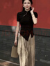 蕭遇（XIAOYU）2025春夏季新款休閑褲女士套裝中式國風(fēng)鏤空盤扣闊腿兩件套長褲子 黑上衣+褲子 XL   120-130斤 曬單實(shí)拍圖