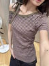 小野七天2025夏新款紫色條紋斜肩短袖t恤女綁帶蝴蝶結(jié)純欲露肩短袖t恤修身 紫色條紋 M 【建議90-105斤】 曬單實(shí)拍圖