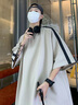 OEMG 重磅短袖男款夏天美式條紋t恤oversize潮牌潮流五分大碼上衣服 杏色 XL 【建議135-150斤】 曬單實拍圖