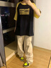 何佳功短袖t恤女新款正肩拼接插肩學(xué)生小眾情侶裝上衣設(shè)計(jì)感寬松夏季 藏青雙拼黃色 L (110-130斤） 曬單實(shí)拍圖