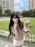 LDBE花朵印花短袖t恤女夏季高級感寬松美式復古修身顯瘦正肩體恤上衣 燕麥灰 L 【110-120斤】 曬單實(shí)拍圖