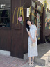 固執(zhí)（OBSTINATE）2025夏季新款氣質(zhì)新中式國(guó)風(fēng)蕾絲短袖中長(zhǎng)款改良旗袍連衣裙女裝 淺藍(lán)色 S 曬單實(shí)拍圖