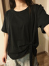 妙奕嘉黑色短袖女t恤夏季衣服2025新款洋氣上衣顯瘦遮肚子大碼女裝寬松 大碼系帶顯腰線圓領(lǐng)短袖【黑色】 XL 【建議120-140斤】 曬單實(shí)拍圖