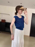 妃?，幮蓍e褲女裝夏季2025新款韓系時(shí)尚氣質(zhì)減齡度假風(fēng)夏裝闊腿九分褲子 藍(lán)色上衣+白色褲子 M 曬單實(shí)拍圖