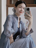 對白【醋酸套裝】輕盈垂感抽繩長袖襯衫半身裙兩件套女2025秋新款 銀湖藍 S 曬單實拍圖