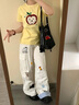 LDBE美式高街格子翻邊口袋工裝牛仔褲女夏季小狗刺繡寬松直筒闊腿長褲 白色 S 曬單實拍圖