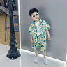 皮爾卡丹（pierre cardin）童裝男童套裝夏季2025新款兒童印花短袖休閑花襯衫沙灘服兩件套潮 椰子樹綠色aqoqqis 90 尺碼1~2歲【 80-90cm】 曬單實(shí)拍圖
