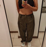 婳如嫣闊腿工裝褲女2025早秋新款高腰寬松休閑彎刀褲春秋洗水棉軟牛仔褲 軍綠色 L 【106-115斤】 曬單實拍圖