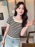 Halo Queen短袖T恤女2025夏圓領(lǐng)黑白條紋休閑打底短袖上衣女H52T027 曬單實(shí)拍圖