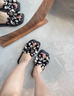 MIO米奧外穿涼拖鞋女2025夏季新款法式方頭蝴蝶結(jié)波點(diǎn)平底一字拖 黑/白色 38 (240mm) 曬單實(shí)拍圖