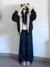 SNYDER WEAR座山雕毛茸茸貓咪耳朵外套學(xué)院風(fēng)連帽麂皮絨衛衣女內里加毛棉服女 黑色 S 70-80斤 曬單實(shí)拍圖