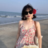 芳嬪碎花連衣裙女夏小飛袖吊帶長裙法式掛脖子高級感氣質(zhì)收腰海邊度假 圖片色 S 均碼 曬單實拍圖