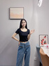 山朵棉黑色方領(lǐng)短袖t恤女裝2025新款法式露鎖骨大領(lǐng)口正肩顯瘦內(nèi)搭上衣 黑色 S 曬單實(shí)拍圖
