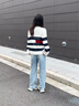 TOMMY JEANS【含羊毛混紡】秋冬女條紋肌理感慵懶寬松針織開衫外套18676 藍(lán)白紅拼色YBH M （推薦：115-130斤） 曬單實(shí)拍圖