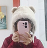 加厚毛絨絨狐貍耳朵帽子圍巾一體秋冬季防寒保暖雷鋒帽護頸顯臉小 毛球熊耳朵-米色 曬單實(shí)拍圖