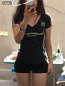FDR官方店 復古辣妹V領(lǐng)撞色印花短袖t恤女夏季運動(dòng)修身顯瘦上衣 藏青色 L 曬單實(shí)拍圖