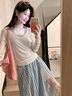 茯見不規(guī)則蕾絲藍(lán)色格子半身裙女2025夏海邊穿搭三件套A字大擺長裙子 三件套（罩衫十背心十半身裙） M 曬單實(shí)拍圖