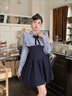 GOCHIEI連衣裙女春夏2025新款長袖襯衫短裙蓬蓬裙子大衣內(nèi)搭顯瘦收腰 藏藍(lán)色拼色條紋襯衫裙子M 曬單實拍圖