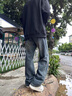 GLXLG牛仔褲男復(fù)古懷舊深色牛仔褲男寬松大碼直筒水洗長褲子男士闊腿褲 懷舊藍(lán)[343克] 28 體重90-105斤 曬單實拍圖