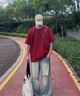 gxmy新中式印花短袖t恤男士休閑套裝新款潮流一套痞帥氣搭配衣服男裝 【2件套】紅色+休閑短褲黑 XL 曬單實拍圖