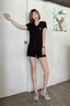 皮爾卡丹（pierre cardin）冰絲短褲跑步運(yùn)動(dòng)服套裝女士夏裝薄款速干短袖休閑兩件套2025新款 黑色V領(lǐng) XXL【122-131斤】 曬單實(shí)拍圖