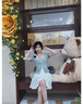 多菲尼森 甜美短款鏤空針織衫韓系蕾絲假兩件小衫女夏淺藍(lán)修身甜辣短袖T恤 蕾絲拼接假兩件短袖藍(lán)色 S 【80-90斤】 曬單實(shí)拍圖