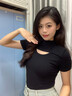 山朵棉黑色小高領(lǐng)短袖t恤女夏季新款鏤空設(shè)計(jì)感緊身內(nèi)搭上衣修身打底衫 黑色 M 曬單實(shí)拍圖