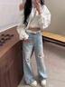 憶思減蕾絲鏤空破洞闊腿牛仔褲女夏秋季薄款2025新款燙鉆窄版高腰直筒褲 淺藍色-長褲 M 建議95-105斤 曬單實拍圖