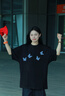 WASSUP蝴蝶重磅純棉百搭情侶短袖T恤夏季2025新款寬松休閑男女上衣服 黑色-藍 XL 曬單實拍圖