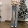 夢琪嵐開叉喇叭牛仔褲女2025年春夏高腰淺色彈力高腰修身顯瘦微喇闊腿褲 淺藍(lán)色【長褲】 M 建議95斤-105斤 曬單實拍圖