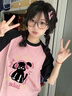 哈魯?shù)?025夏季拼色寬松正肩短袖t恤女小眾卡通印花半袖設(shè)計(jì)感插肩上衣 粉拼黑 M （85-110斤） 曬單實(shí)拍圖