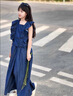 邁兜熊女童夏裝牛仔套裝薄款兒童闊腿褲飛袖休閑兩件套韓版洋氣中大童潮 藍(lán)色 160 曬單實(shí)拍圖