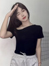 山朵棉一字肩短袖t恤女2025新款夏季修身顯瘦斜肩體恤黑色性感露肩上衣 黑色 L 曬單實(shí)拍圖