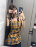 九寸陽光美式復(fù)古吊帶背心上衣女不規(guī)則黃色格子夏季海邊辣妹開叉收腰外穿 黃色格子 M 曬單實拍圖