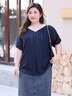 MsShe【全棉】大碼女裝2025秋季胖mm巨遮肚鏤空刺繡V領(lǐng)七分袖襯衫 小衫-藏青藍(lán)色現(xiàn)貨 偏大一碼 2XL 曬單實拍圖
