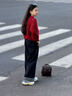 女童毛衣外套春秋2025新款女大童紅色針織兒童初中生開衫本命上衣 套裝【毛衣+褲子】 150 曬單實(shí)拍圖