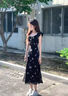 爾山集蝴蝶飛袖連衣裙黑色連衣裙小個子女夏2025新款飛袖包臀魚尾長裙 小飛袖碎花裙S 曬單實(shí)拍圖