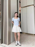 回力藍(lán)色短袖女t恤夏2025新款莫蘭迪色穿搭小個(gè)子正肩半袖假兩件上衣 曬單實(shí)拍圖