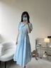 熙世界sllsky藍(lán)色亞麻連衣裙女2025夏季新款氣質(zhì)優(yōu)雅收腰圓領(lǐng)泡泡袖裙子 鹽水藍(lán) L 曬單實拍圖