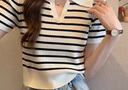 柯蘭娜女裝夏季條紋冰絲針織衫正肩短袖T恤顯瘦Polo領(lǐng)短款上衣 杏色條紋 L 【建議100-120斤】 曬單實拍圖