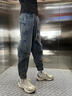 2025春秋新款潮牌復古水洗牛仔褲男港風(fēng)寬松大碼哈倫褲直筒夏裝褲 藍色 S 曬單實(shí)拍圖